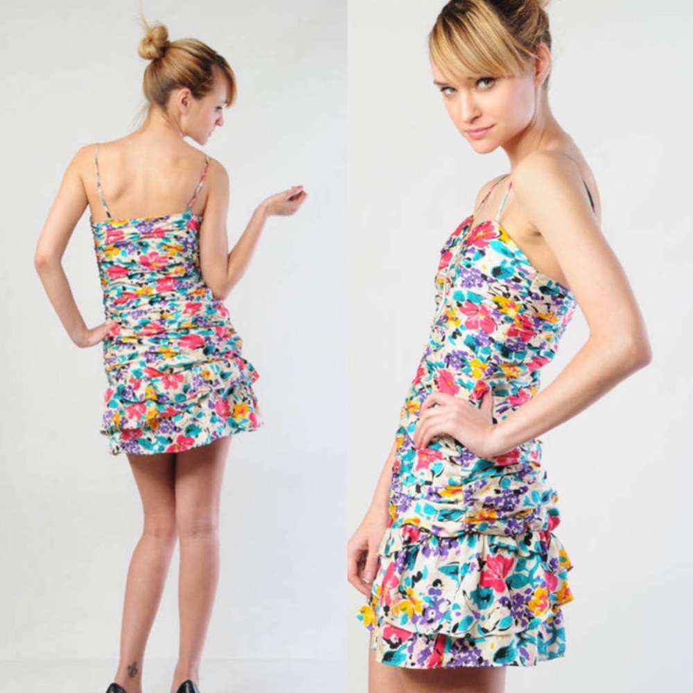 cynthia vincent  FLORAL SILK RUCHED ZIP MINI DRESS